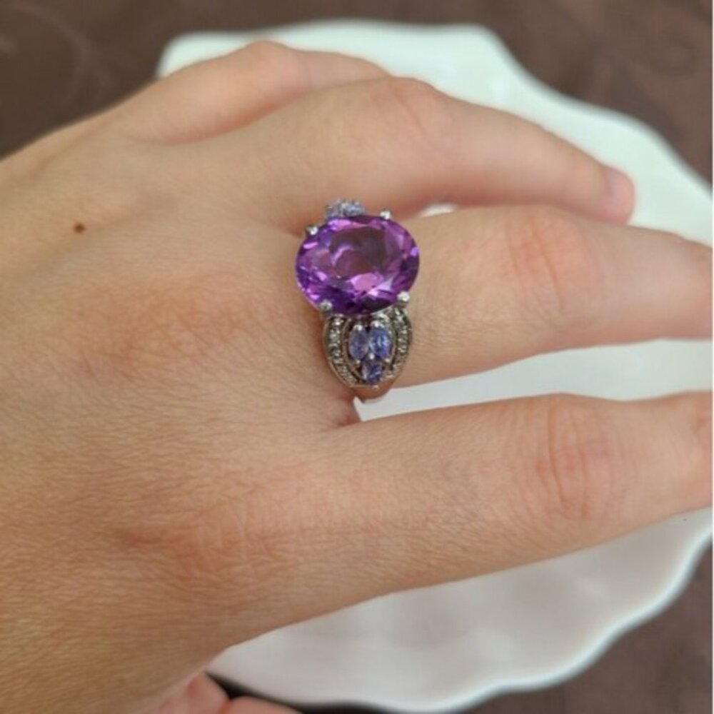 Vintage Boho Chunky Sterling Silver Purple Amethyst Tanzanite Oval Crystal Ring - Picture 6 of 8